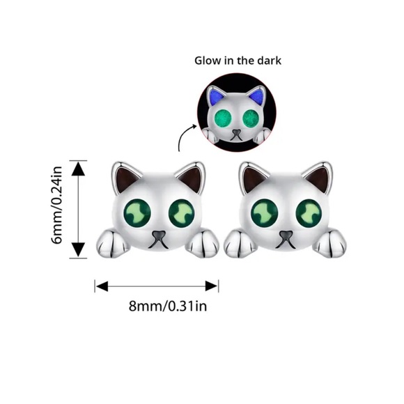 Sterling Silver Glow In The Dark Cat Stud Earrings - Picture 5 of 5